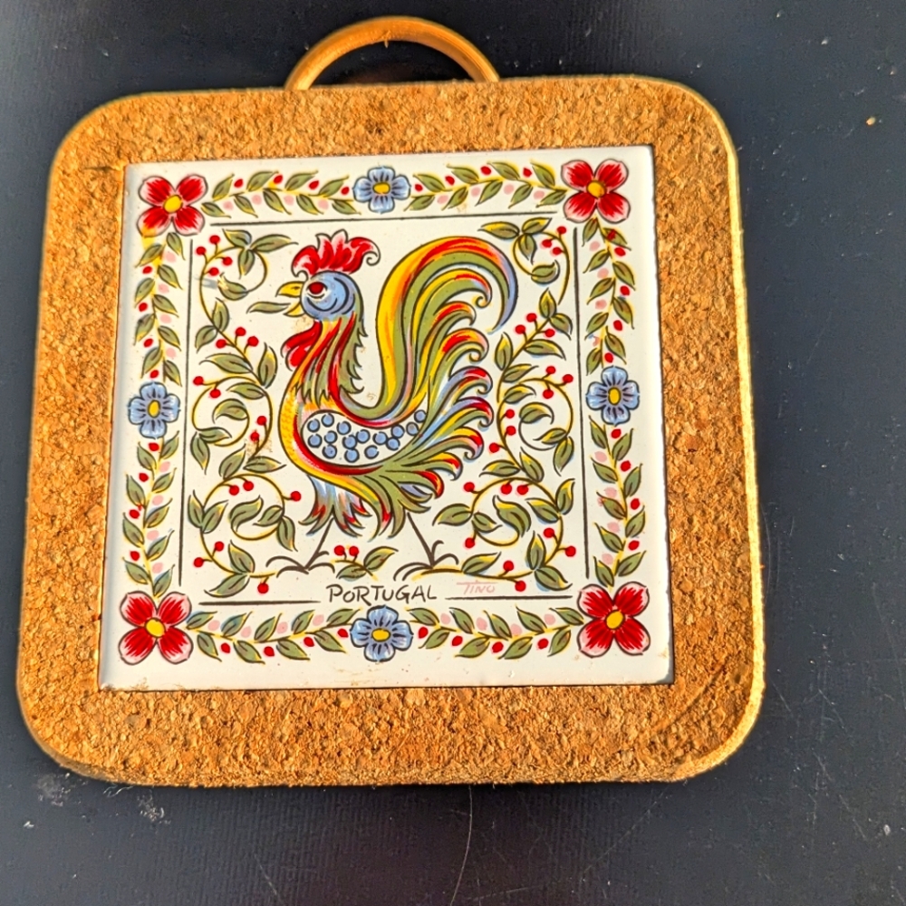 Rooster Trivet Tile On  Cork Base Portugal 5x5 Painted CeramicTile Hanger.